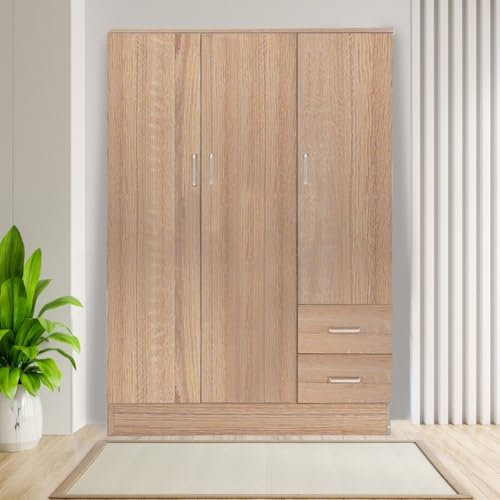 Bissolo Casa Armadio Multiuso in Laminato, Rovere, 120x50x170 cm, 3 Ante e 2 Cassetti, con Tubi Appendiabiti, Kit Smontato