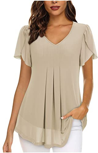 Chemisier élégant en mousseline de soie avec col en V et manches courtes - Tunique plissée unie - Confortable et douce - Chemise de soirée pour femme, beige, XL