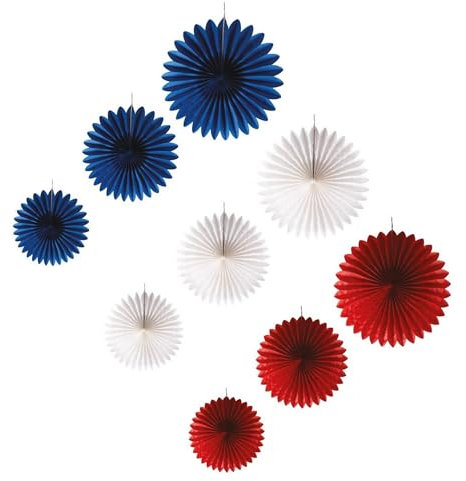 P'TIT CLOWN - 23307 - Rosace à suspendre - Bleu blanc rouge - Lot de 9 - 3 Tailles Différentes - Idéal pour les Décorations de Fête Nationale, Événements Sportifs - Papier