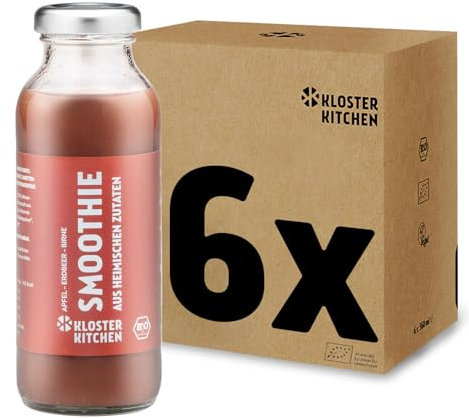 Smoothie bio rouge Kloster Kitchen Pomme Poire Fraise 6x 250 ml I Superfood petit-déjeuner vegan I Bouteille en verre à emporter I Superaliment à base d'ingrédients locaux.