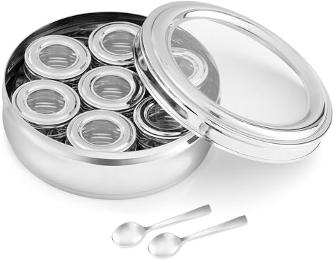KSJONE Stor 22 cm premium kryddburk masala eller torr frukt förvaringslåda | 7 kryddburkar med lock | rymmer 7 kryddor | polerat rostfritt stål med 2 serveringsskedar och genomskinliga akryllock |