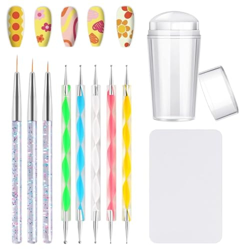 EBANKU Nagelstämpelsats, franska dubbelsidiga silikonstämplar med 3 st nageldetaljborstset nagelkonstborstpenna, 5 st nagelprickspennor, naglar konstdesign manikyrverktyg
