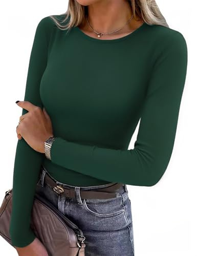 Aottori Women Long Sleeve Tops Ribbed Basic Shirts Ladies Crew Neck Base Layer Undershirt Casual Slim Fit Top