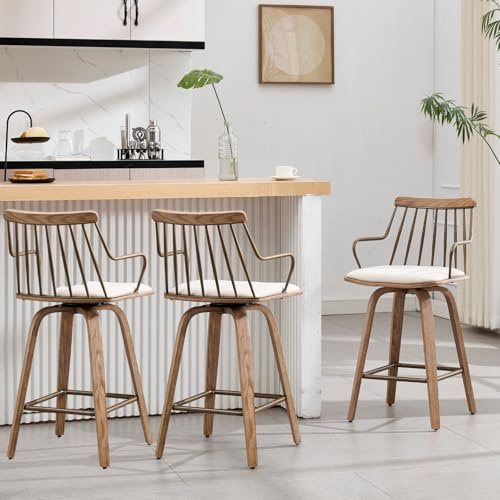 26 Inch Counter Height Bar Stools Set of 3, Swivel Counter Stools with Curved Arm and Footrest, Upholstered Wood Barstool with Metal Fence-Like Back for Kitchen Island Home Bar Pud(Beige Linen)