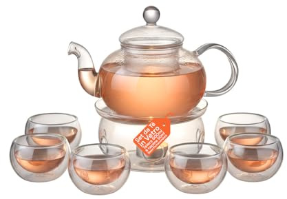 Avilia - Teiera in Vetro 600ml con Infusore e Base Portacandela, Set con 6 Tazzine Resistenti al Calore, Ideale per Tè Sfuso e Infusi, Elegante Idea Regalo Raffinata