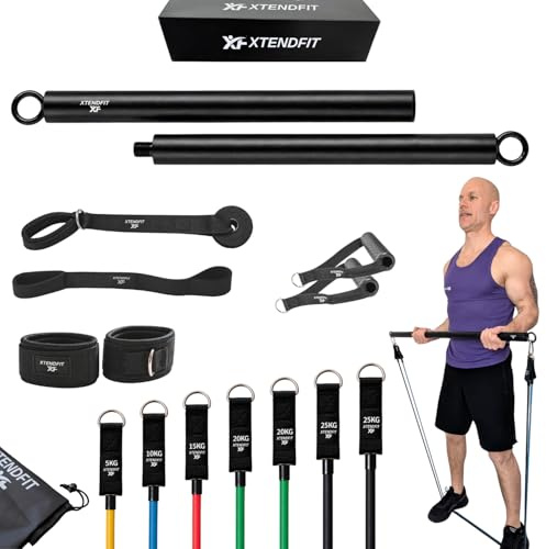 Kit Musculation Élastique Complet XTENDFIT - 10 Bandes Résistance 170kg + Barre Renforcée - Entraînement Full Body Maison, Débutant à Confirmé, Fitness sans Salle.