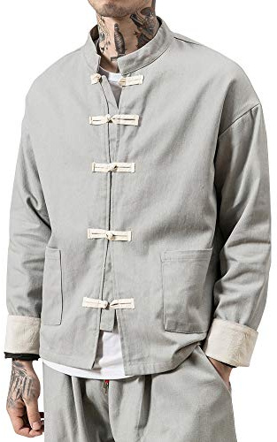 PengGengA Camicia Uomo Cotone Cinese Tradizionale in Lino E Tai Chi Kung Fu con Collo A Rana Grigio M