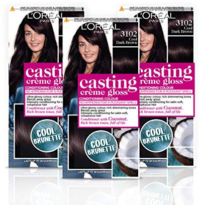 L'Oréal Paris Casting Crème Gloss Semi-Permanent Hair Dye, Ammonia-Free Formula & Honey-Infused Conditioner, Glossy Finish, Colour for Up to 28 Shampoos, Pack of 3, Colour: 3102 Cool Dark Brown