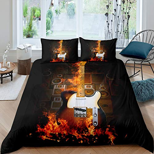 Guitar Bedding Set Rock Music Themed Comforter Cover for Kids Boys Girls Teens Fire Musical Pattern Duvet Cover Sound Speaker Bedspread Cover Electric Guitar Room Decor 3Pcs Quilt Cover Double Size