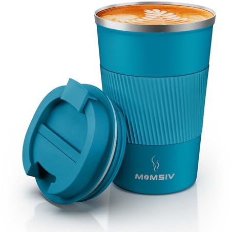 MOMSIV Coffee Cup, Insulated Coffee Cup with Leakproof Lid, Non-Slip Vacuum Reusable Stainless Steel Eco-Friendly Travel Office Mug for Hot and Cold Water Coffee and Tea, 380ml/13oz(Blue)