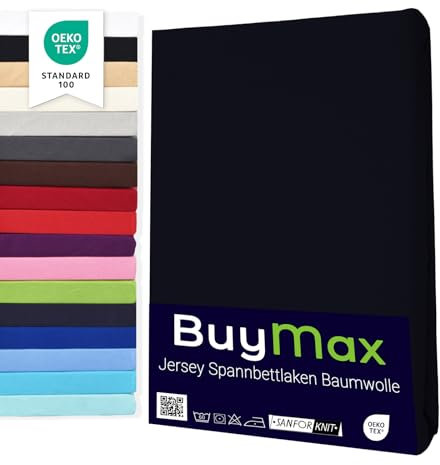 Buymax® Spannbettlaken 140x200cm Baumwolle 100% Spannbetttuch Bettlaken Jersey, Matratzenhöhe bis 25 cm, Farbe Schwarz