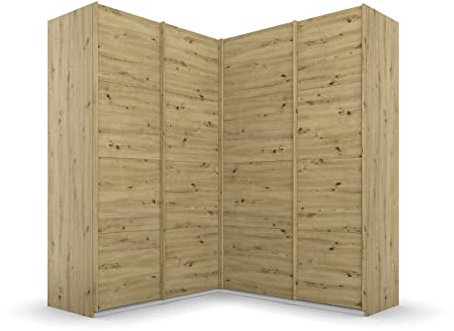 Rauch Möbel Quadra Schrank Eckschrank Schwebetürenschrank, Eiche Artisan, Holz, 4-TRG., inkl. 2 Kleiderstangen, 12 Einlegeböden, 3 Schubladen, BxHxT 181x210x187 cm