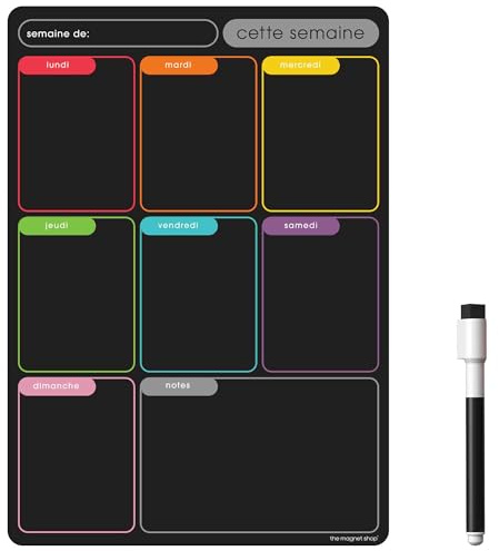 Planning Frigo Magnétique | Tableau Blanc Effaçable & Semainier | Liste de Courses et Calendrier pour Organisation Familiale (30 x 21cm [A4], noir & multicolore)