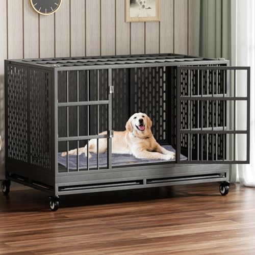 Snuowu 48 Inch Heavy Duty Dog Crate with Wheels, Folding Metal Big Dog Cage for Large and Medium Dogs, Extra Large XL XXL Indestructible Dog Crate with Removable Tray.