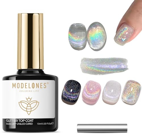 modelones Rainbow Cat Eye Gel Nail Polish Top Coat, 2-in-one 9D Glitter Clear Gel Polish with Magnet Stick Holographic Glossy Finish Long Lasting Soak Off Manicure Home Salon Nail Art 10 ML