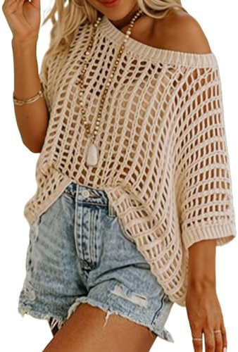 Onsoyours Chandails en Crochet à Manches pour Femmes Col Rond Manches Courtes Hauts d'été en Tricot Ajouré Slim Fit Top Chic et Elegant