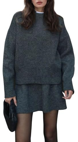 CHARTOU Women Sweater Skirt Sets 2 Pieces Outfits Loose Fit Pullover Sweater Knitted Mini Skirt (Small, Grey)