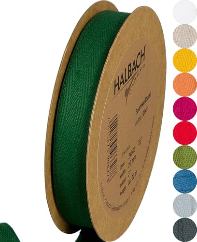 Halbach Sidenband bomullsband | 20 mm x 20 m | vävband 100% bomull | Band för pyssel som metervara | tygband för dekorationer, gör-det-själv-hantverk, snedband sömnadsarbeten, färg: grangrön | Vävband av 100 % bomull, metervara för pyssel, dekoration och sömnad