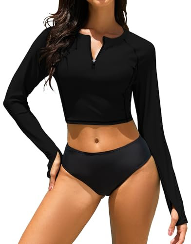 WOWENY Damen UV-Schutz Rash Guard Langarmshirt Crop Top mit Reißverschluss Badebekleidung für Schwimmen & Wassersport,Schwarz,XL