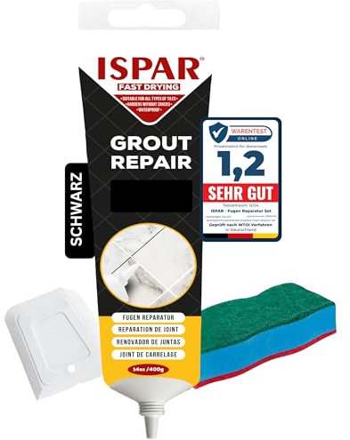 ISPAR Lechada negra 400 g – Masilla para juntas para azulejos – con espátula y esponja – Reparación de juntas en el baño y la cocina – Inodoro y fácil de aplicar