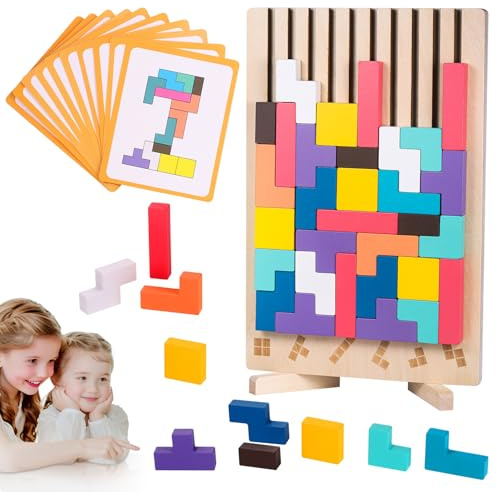 Holzpuzzle Kinder 3D Spielzeug, Bausteine Puzzle mit 42 Steinen und 10 Herausforderungskarten, Lernspielzeug Intelligenz Stapelspiel, Montessori Spielzeug für Kinder ab 3 4 5 6 Jahre