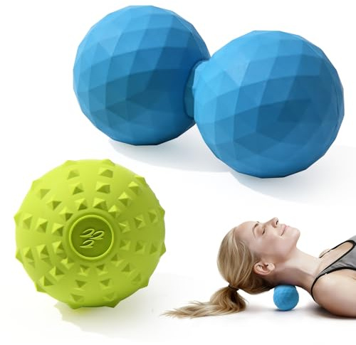Peanut & Spiky Massage Ball Set, Double Lacrosse Peanut Roller + Firm Spiky Ball for Deep Tissue Myofascial Release, Trigger Point Therapy, Plantar Fasciitis & Muscle Recovery (Blue+Yellow)