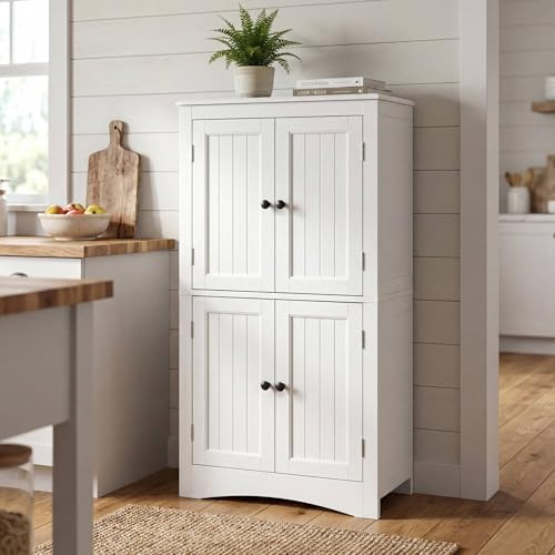Blishom Armario de Despensa de Cocina, Unidad de Almacenamiento para Baño con Estantes Ajustables y 4 Puertas Magnéticas, Armario de Suelo para Cocina, Sala de Estar, Baño (Blanco)