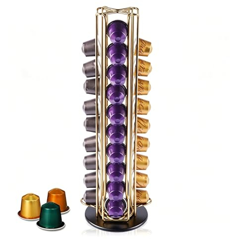 Wrobic Coffee Pod Holder Stand for Nespresso Original Capsules, Rotatable Storage Organizer Rack Holds 40 Capsules, Gold