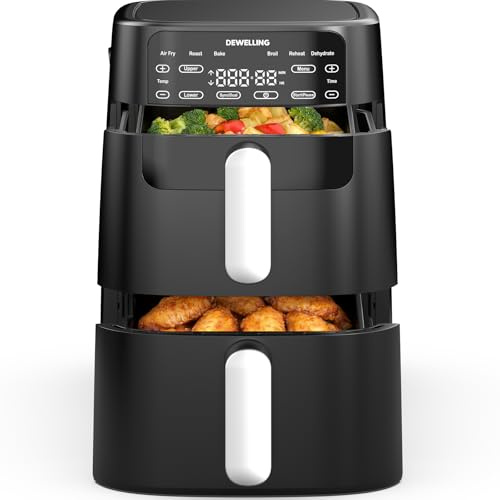 Dewelling Airfryer 10L Double Stack - 2700W Heißluftfritteuse 2 Kammern, XXL Heissluftfritteuse mit vertikale Doppelkammer, 6-in-1-Funktionen, Max 230°C, PFAS-frei, Spart 50 Prozent Platz, Rezeptbuch