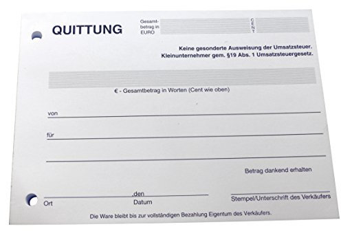 Druckerei Scharlau 1x Block Quittung - Quittungsblock für Kleinunternehmer (§19) - 100 Blatt DIN A6 - gelocht - NICHT durchschreibend (22426)