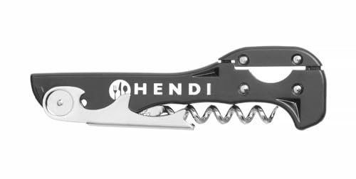 HENDI Kellnerkorkenzieher, mit Griff aus ABS Kunststoff, 3 Funktionen, Patentierter Hebel und Folienschneider, Korkenzieher & Flaschenöffner, 37x130x(H)14mm, Edelstahl, ABS Kunststoff