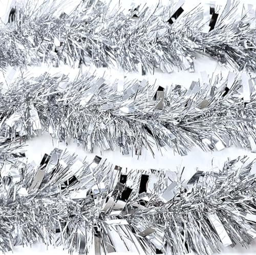 YLAB Luxury Silver Christmas Tinsel – 6 Strands (2 Metres Each) | Thick 10cm Tinsel Garland for Xmas Trees, Decorations, Parties, Home & Office – Reusable & Shiny Metallic Foil (Total 12m)