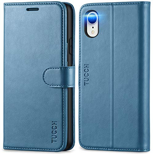 TUCCH Wallet Case for iPhone XR (6.1), Protective PU Leather Folding Cover with[RFID Blocking][Shockproof TPU][Kickstand][Card Holders] Magnetic Flip Folio Compatible with iPhone XR, Lake Blue