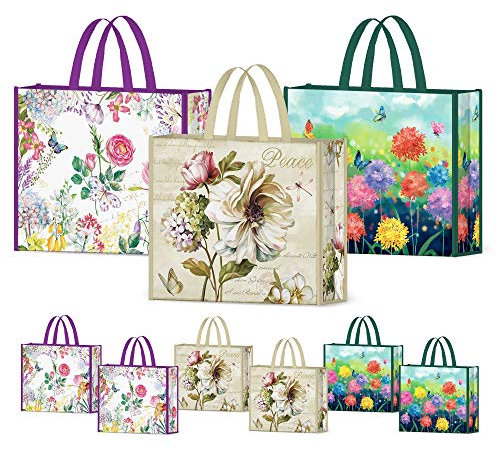 NymphFable 6 Stück Einkaufstasche Wiederverwendbare Pfingstrose Schmetterling Groß Waschbare Tragetasche Faltbar Damen