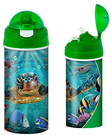 3D LiveLife Gourde - Petites Bulles de Deluxebase. Gourde plastique Tortue de Mer Lenticulaire 3D avec Paille. Gourde pour enfants 600 ml illustrations originales de l'artiste renommé Steve Sundram