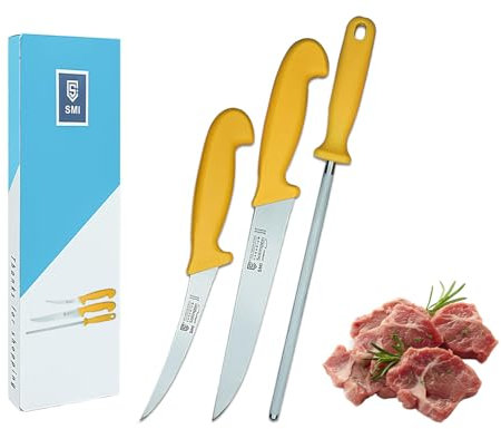 SMI 3 Stück Küchenmesser Set Solingen Metzgermesser Wetzstahl Ausbeinmesser Fleischermesser Kochmesser Edelstahl Schlachtermesser Premium Qualität Deutscher Stahl 1.4116 Solingen/GERMANY