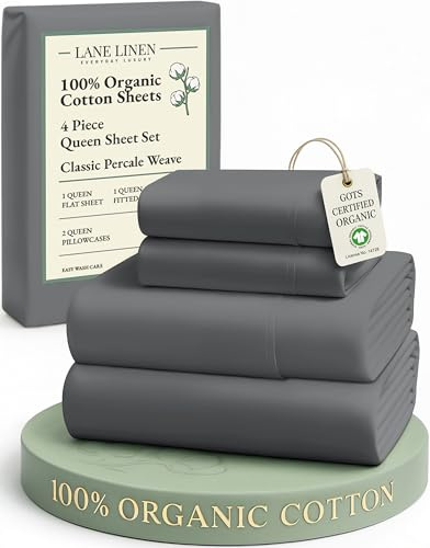LANE LINEN Sustainably Produced 100% Organic Cotton Queen Size Bed Sheets, Soft & Comfy Naturally Cooling Percale Cotton Sheets, Low Pill Fade Resistant 15 Deep Pocket Queen Sheets– Charcoal