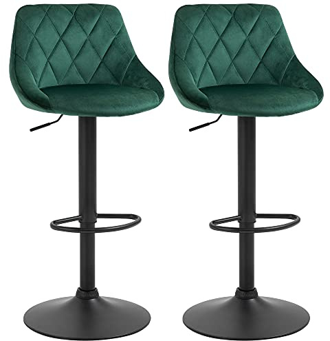 HOMCOM Set 2 Sgabelli da Bar con Altezza Regolabile, Base in Metallo e Seduta Finta Pelle, Sgabelli Alti Moderni Girevoli con Schienale e Poggiapiedi 46x48x83-104cm, Verde