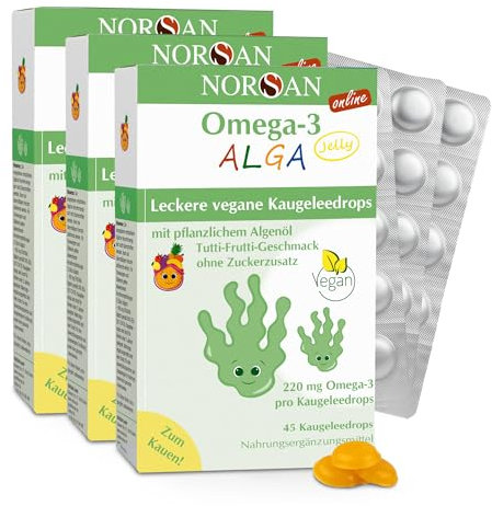 NORSAN Omega 3 ALGA JELLY 45 hochdosiert (3x45 Stück) - Omega 3 vegan hochdosiert 220mg pro Kaugeleedrops - veganes Algenöl mit EPA & DHA - mit Tutti-Frutti-Geschmack