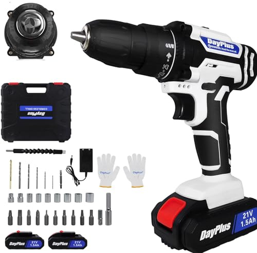 Perceuse Visseuse Sans Fil 21V, Visseuse Devisseuse avec 2batteries & Chargeur, 45N.m Perceuse Percussion, 25+1 Réglages de Couple, 2Vitesses, 26 Accessoires, LED, Perceuse Visseuse pour la Bricolage