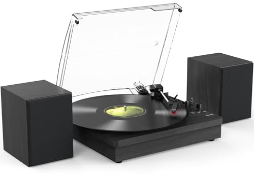 Vinyl Record Player with Two Stereo Speakers, Bluetooth Playback Turntable with 3 Speed AUX Headphone Input and RCA Out, Retro Black
