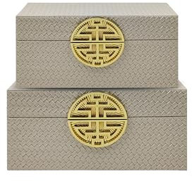 VANITY LIVING Set of 2 Cream Faux Leather Jewellery Boxes for Decor, Trinket Metal Decorative Storage Boxes with Gold Handles for Dressing Table