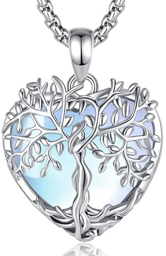 AEONSLOVE Collar Arbol de la Vida Piedra de Luna Colgante Árbol de la Vida Mujer Corazon Colgante Piedra Lunar Natural El Arbol de la Vida Collar de Cristal Collares Piedras Naturales Protectoras