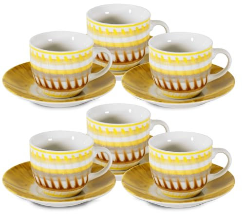 ARCA, Set 6 Tazzine da Caffè Apulia II con Piattino, Realizzate in Porcellana Decorata, Capacità 90 ml, 11x6 cm, Giallo