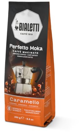 Bialetti Perfetto Moka Ground – Authentic Italian Roast for Moka Pots & Stovetop Brewers, Rich Aroma & Smooth Finish, Compatible with Aeropress, Cafetiere & Home Machines (250g, Caramel)