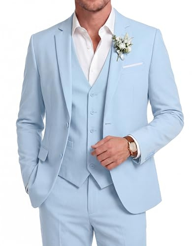 COOFANDY Completo da uomo in 3 pezzi in lino, casual, leggero, giacca, gilet, pantaloni, set per matrimonio, lavoro, ballo di fine anno, Azzurro chiaro, M