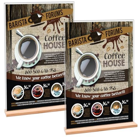 2 pezzi Espositori in acrilico A4 porta menu da tavolo, cartellini dei prezzi con base in legno, per opuscoli, menu, pubblicità, poster
