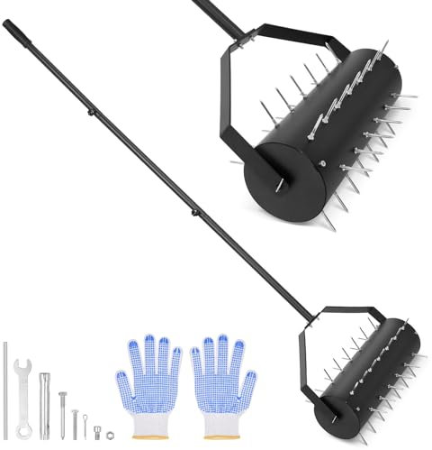 Rodillo aireador de césped, estaca aireadora manual de césped de jardín y mango desmontable de 50 a 70 pulgadas, resistente para jardín, patio, suelo, césped, 140 x 44 x 15 cm