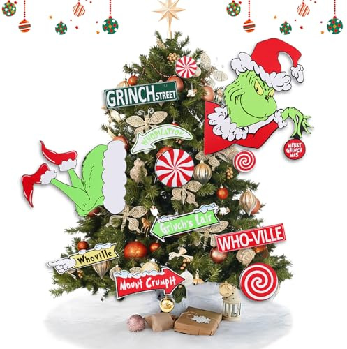 SilverChry Grinch Christmas Tree Topper Decoration, 12 Piezas, Grinchs Navidad Decoración, Monstruo Verde, Adornos Árbol, Adecuadas para Festival, para el Hogar y para Fiestas (12 Piezas)