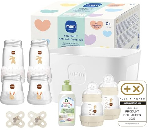 MAM Easy Start Anti-Colic-Set | 0+ Mon | Baby Geschenk Set | weniger Koliken | 94% Akzeptanz | 96% Hebammen-Empfehlung | 2 Babyflaschen & 4 Flaschenkörper & 2 Schnuller & Flaschenkorb | beige